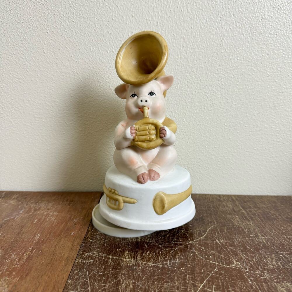 VINTAGE pig hog with musical horn tuba Bisque Porcelain Music Box WORKS